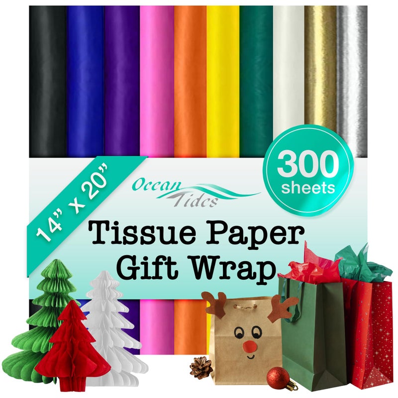 Ocean Tides 300 Sheets (14 x 20 Inches) Christmas Wrapping Paper â€“ Gift Wrapping Tissue Paper Bulk for Crafts, Birthdays, & Holidays â€“ Colored Tissue Papers for Gift Bags & Decorations, Assorted - Image 1